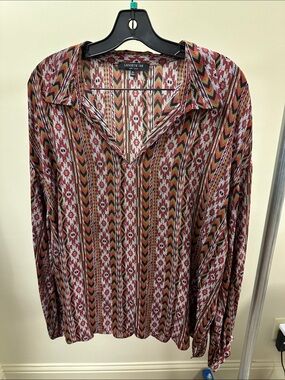 Lafayette 148 New York Burgundy, Rust & Cream Geometric Collared Blouse